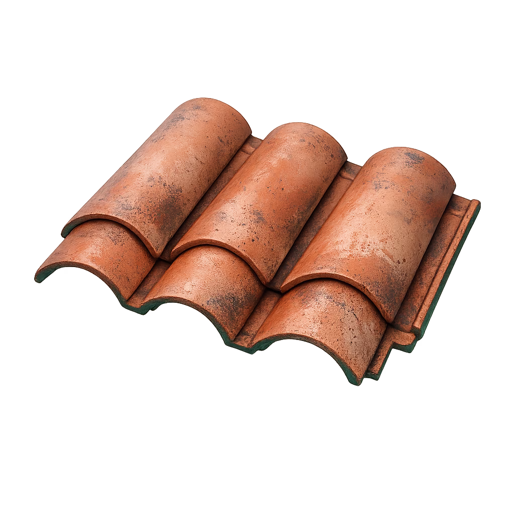 Cluster of interlocking clay barrel roof tiles in muted terracotta, 3D render