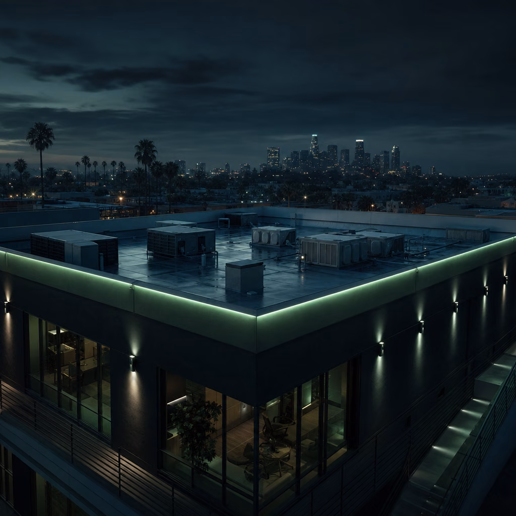 Commercial roofing contractor's flat membrane roof on a Los Angeles commercial building at dusk
