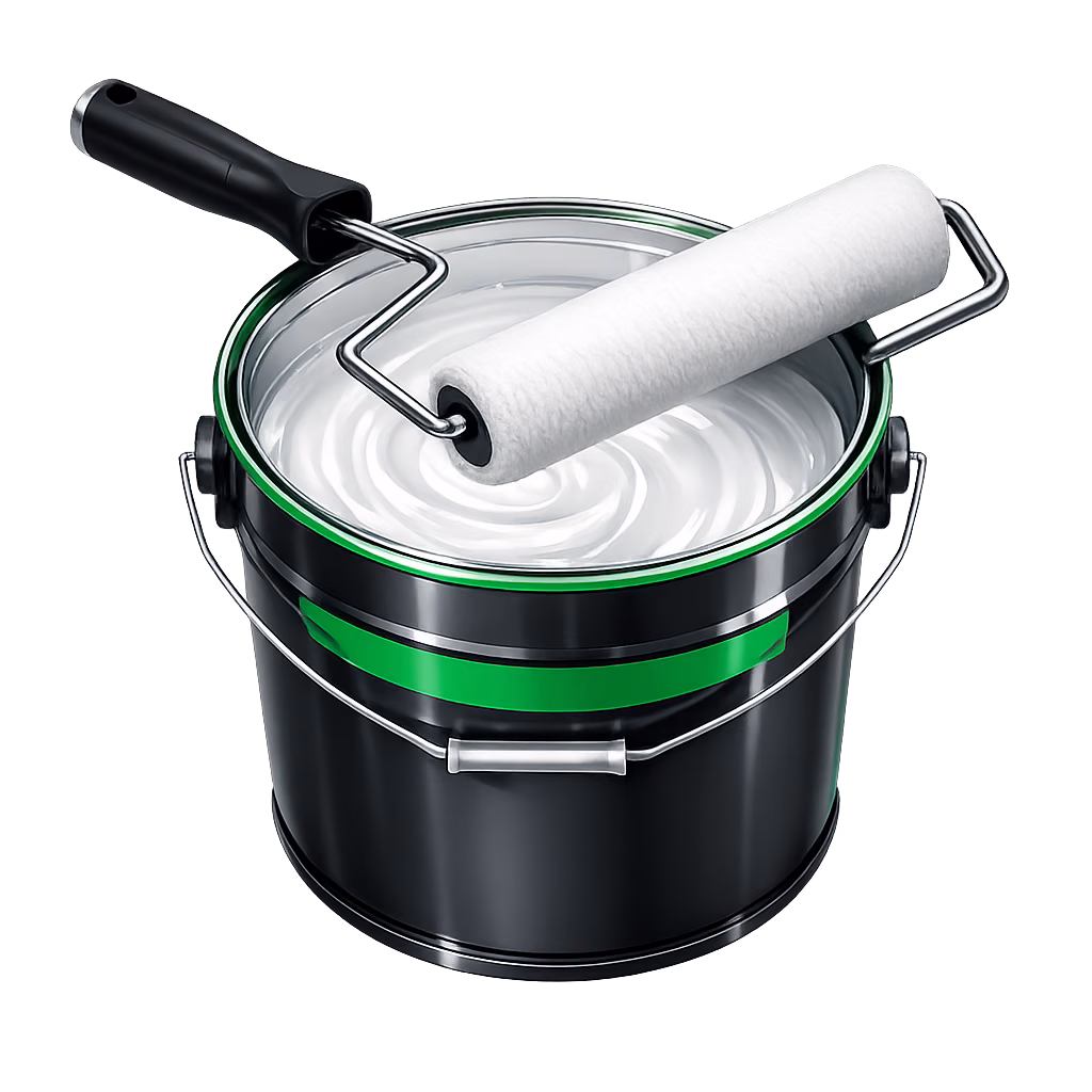 Open bucket of white reflective cool-roof coating with a roller resting across it, 3D render