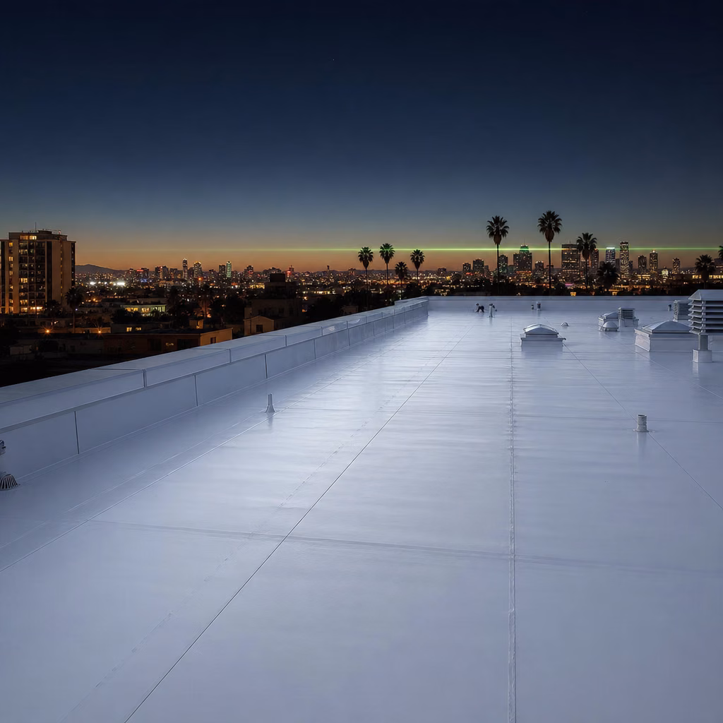 White cool-roof membrane on a flat Los Angeles roof