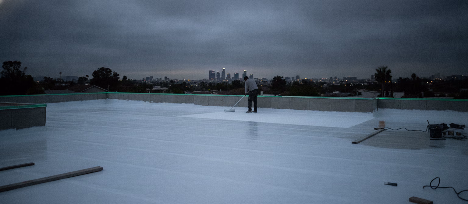 White Title 24 cool roof coating applied during a flat roof replacement
