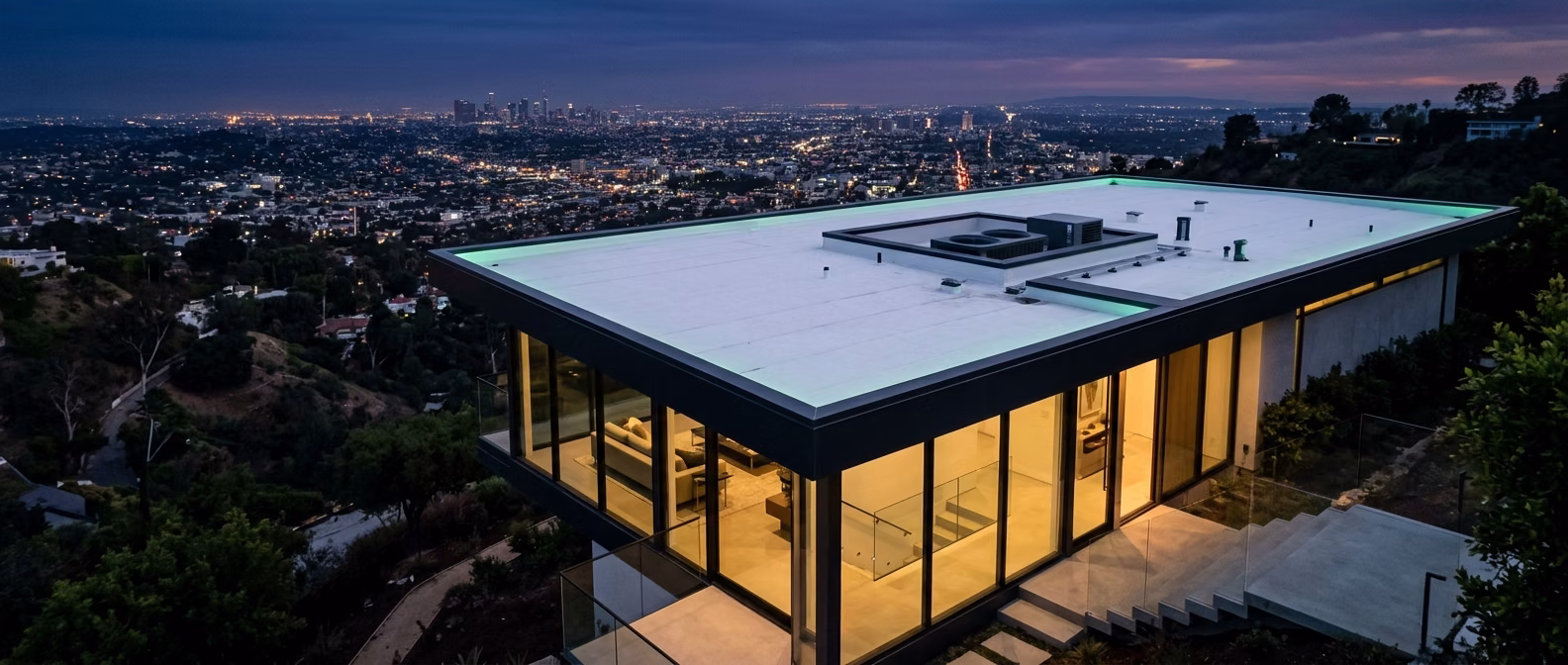 Low-slope membrane roof on a modern Beverly Hills hillside home