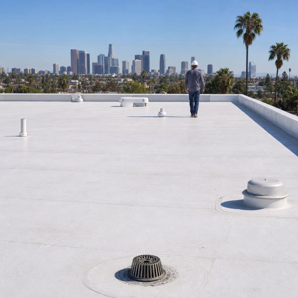 Roof certification Los Angeles inspection on a flat roof