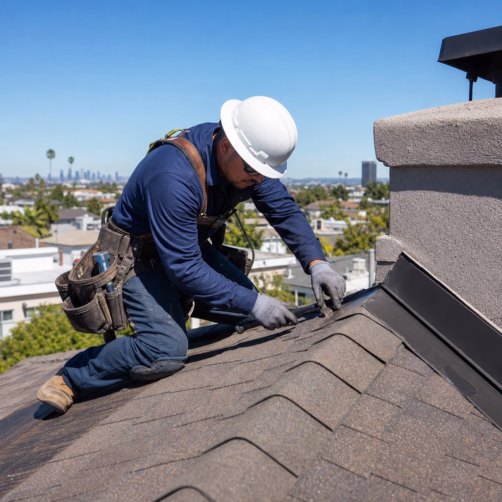 Licensed roofer completing a roof repair in Los Angeles
