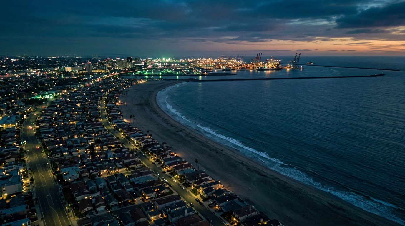 Aerial view of Long Beach rooftops along the shoreline at dusk
