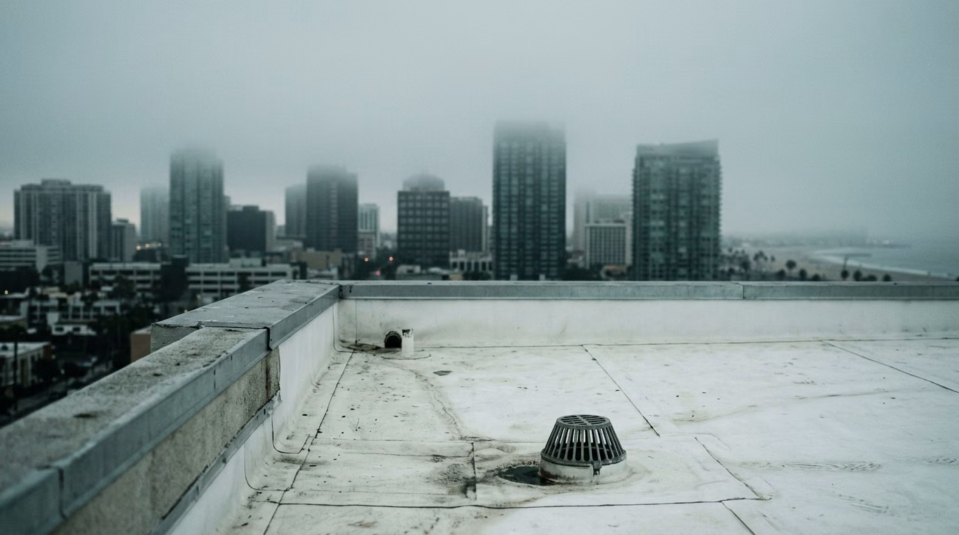 Flat membrane roof in Long Beach under morning marine layer fog