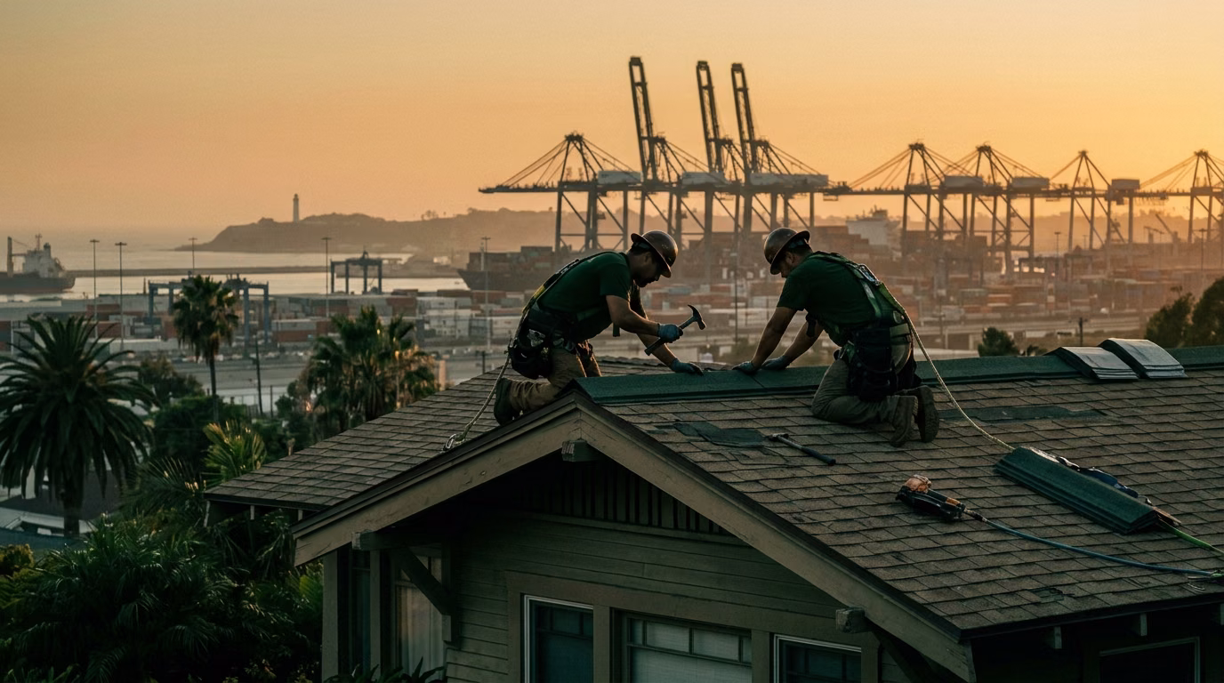 Roofing Long Beach crew replacing shingles with the harbor on the horizon