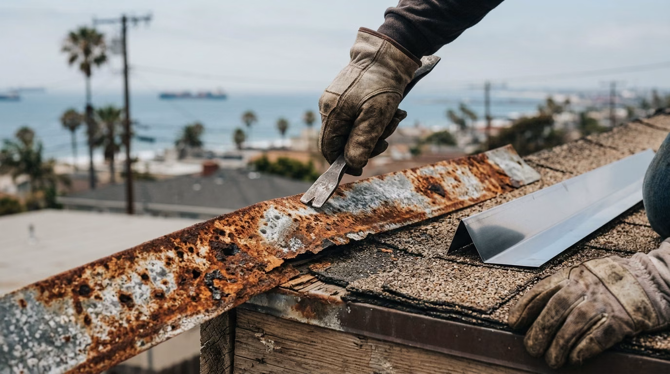 Salt-corroded roof flashing being replaced with stainless steel in Long Beach