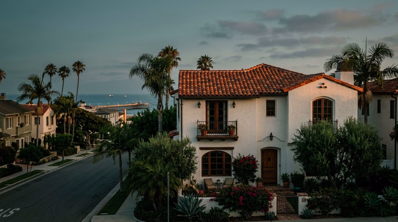 Clay tile roof on a Spanish Revival home near the Long Beach coast