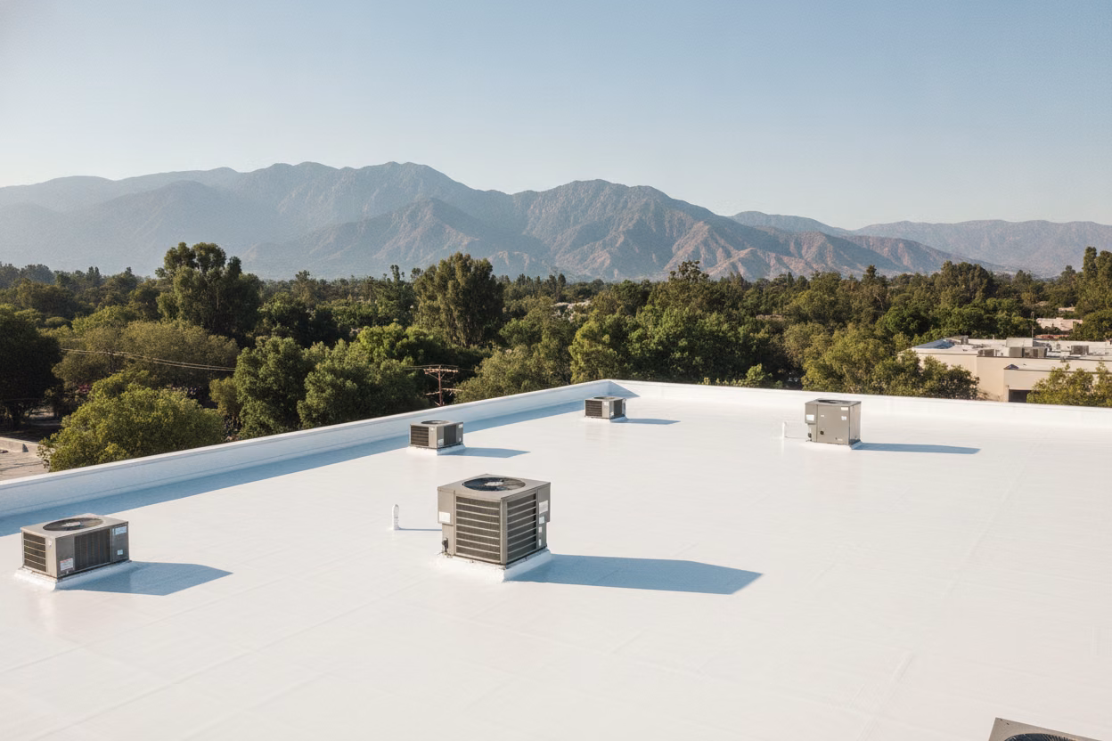 White cool roof coating on a low slope Pasadena commercial roof