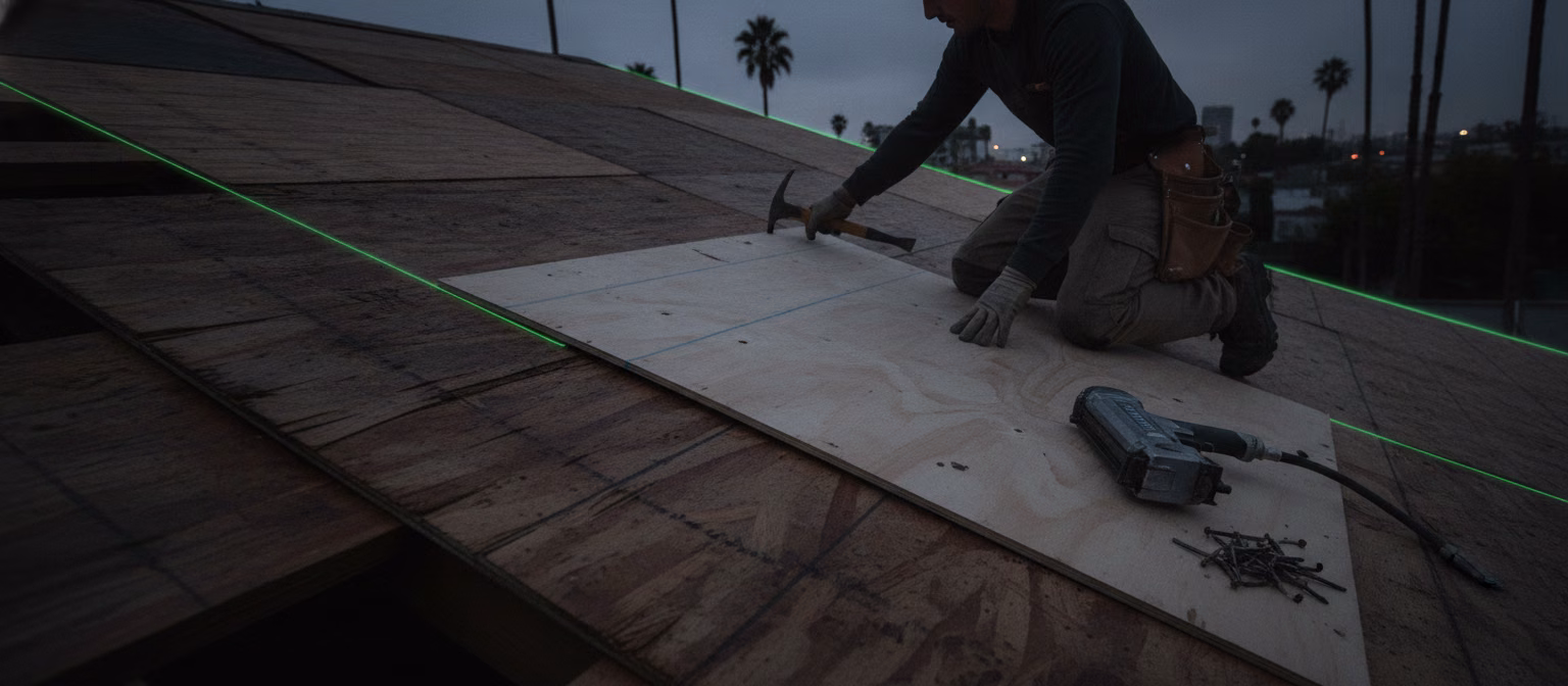 Roofer replacing a damaged plywood deck board during a roof replacement