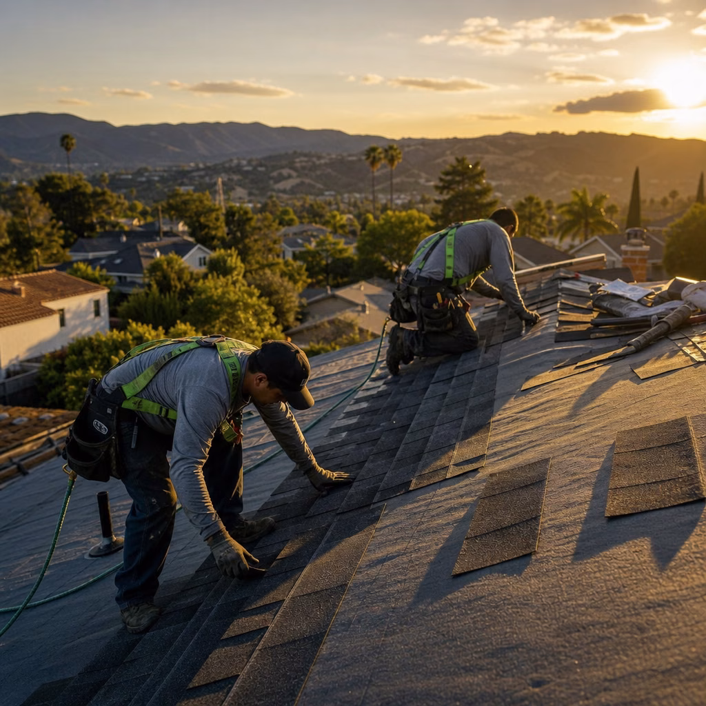 Roofing crew installing asphalt shingles in Los Angeles