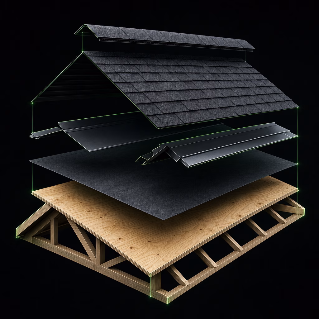 Cutaway of the five layers in a complete roof system