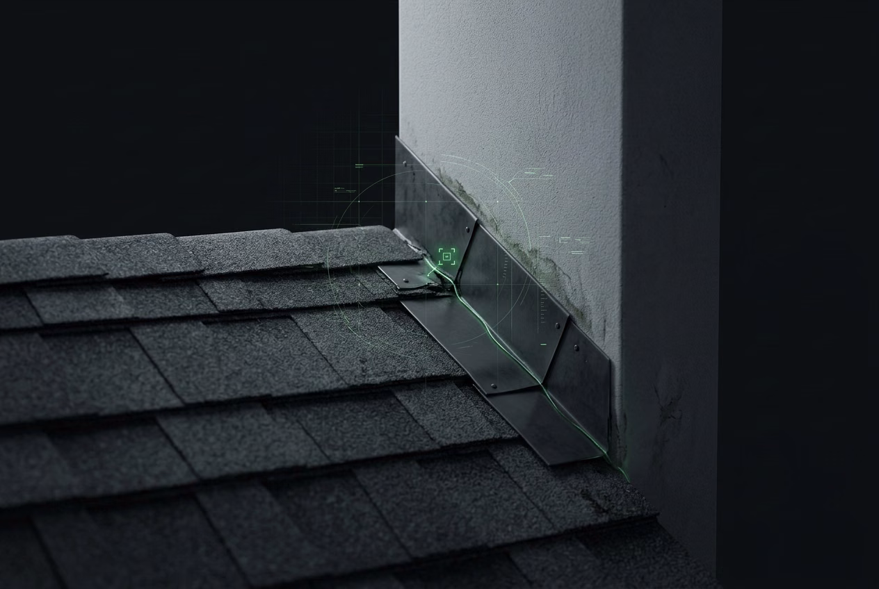 Roof leak repair Los Angeles technician tracing water back to failed chimney flashing