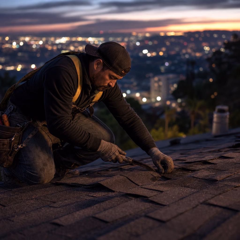 Roof repair Los Angeles CA crew resealing a roof at dusk
