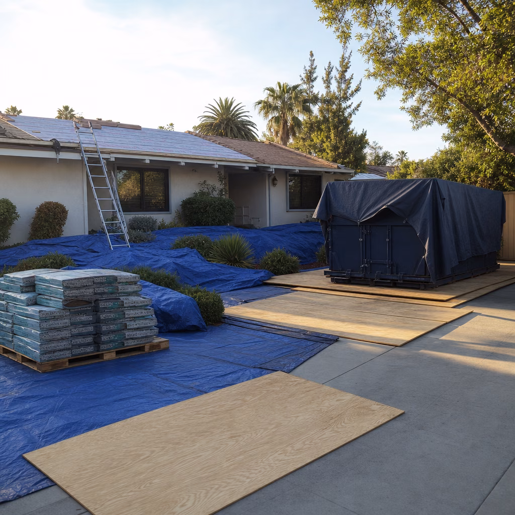 Tarps and board protection around a house during a re-roof