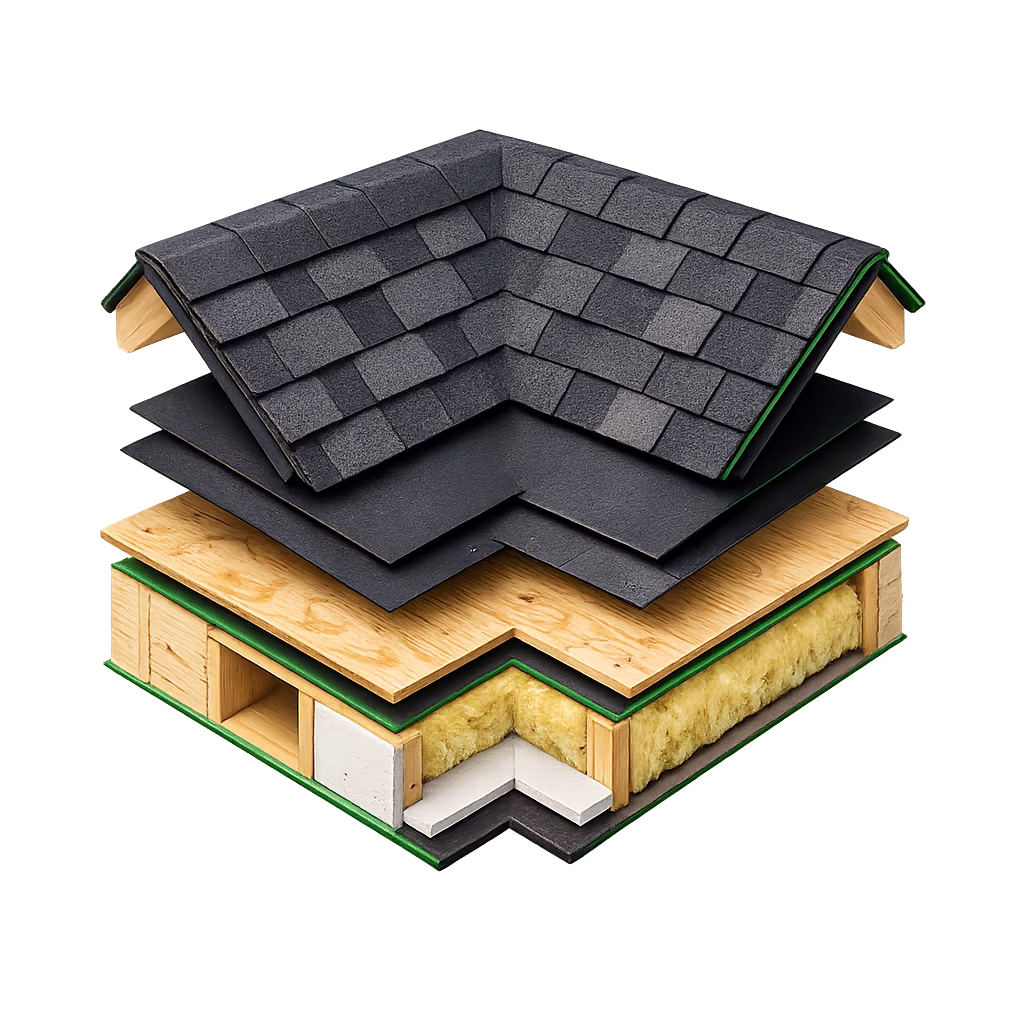 Cutaway corner of a roof system showing deck, underlayment and shingle layers, 3D render