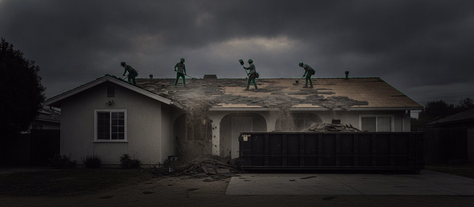 Crew stripping old shingles from a Los Angeles roof during tear-off