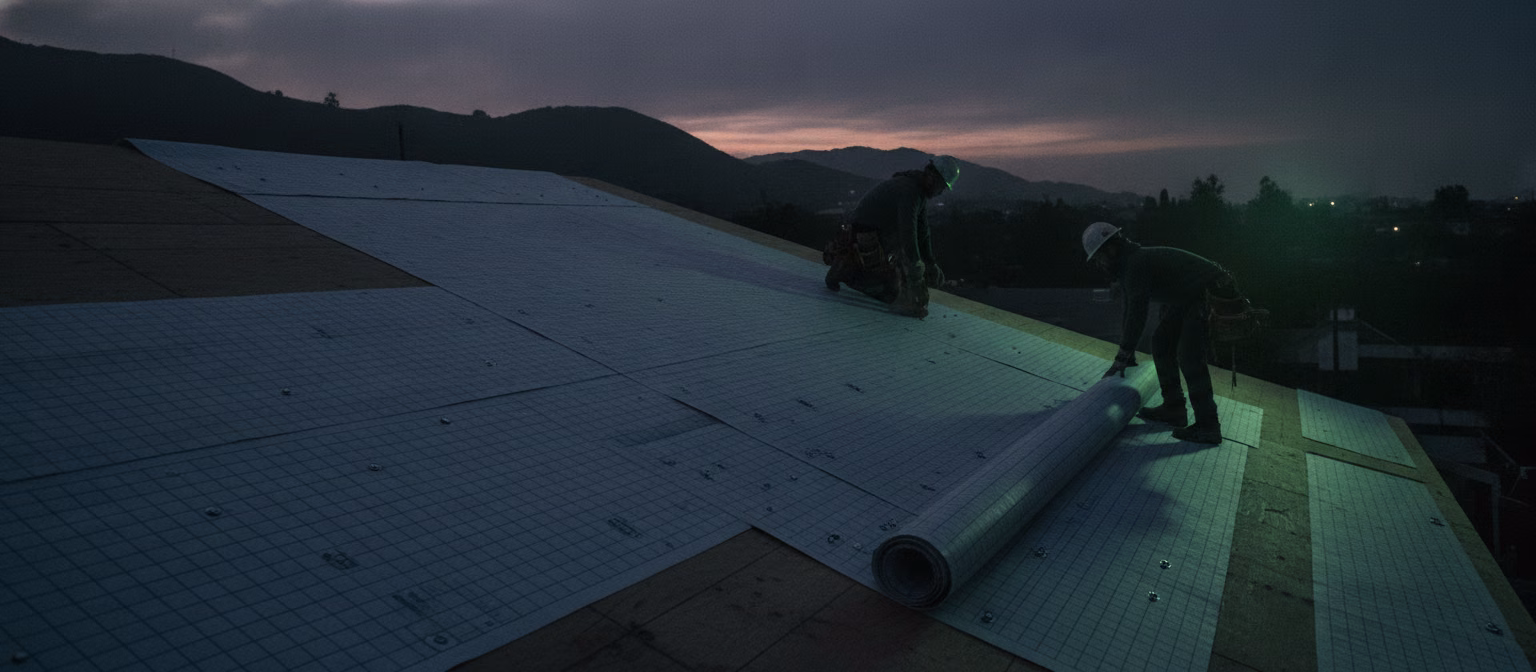 Synthetic underlayment being installed over a new roof deck