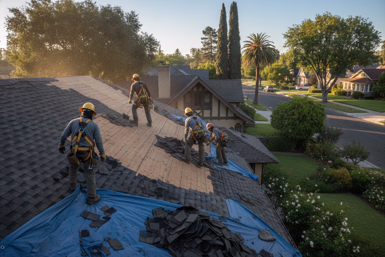 Roofing Pasadena crew stripping a Craftsman roof to bare deck