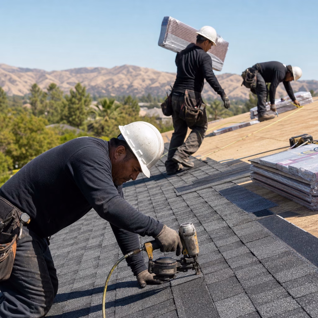 Roofing crew installing shingles on a Los Angeles home