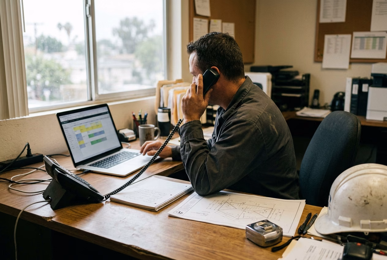 Dispatcher taking a roofing call at an office desk