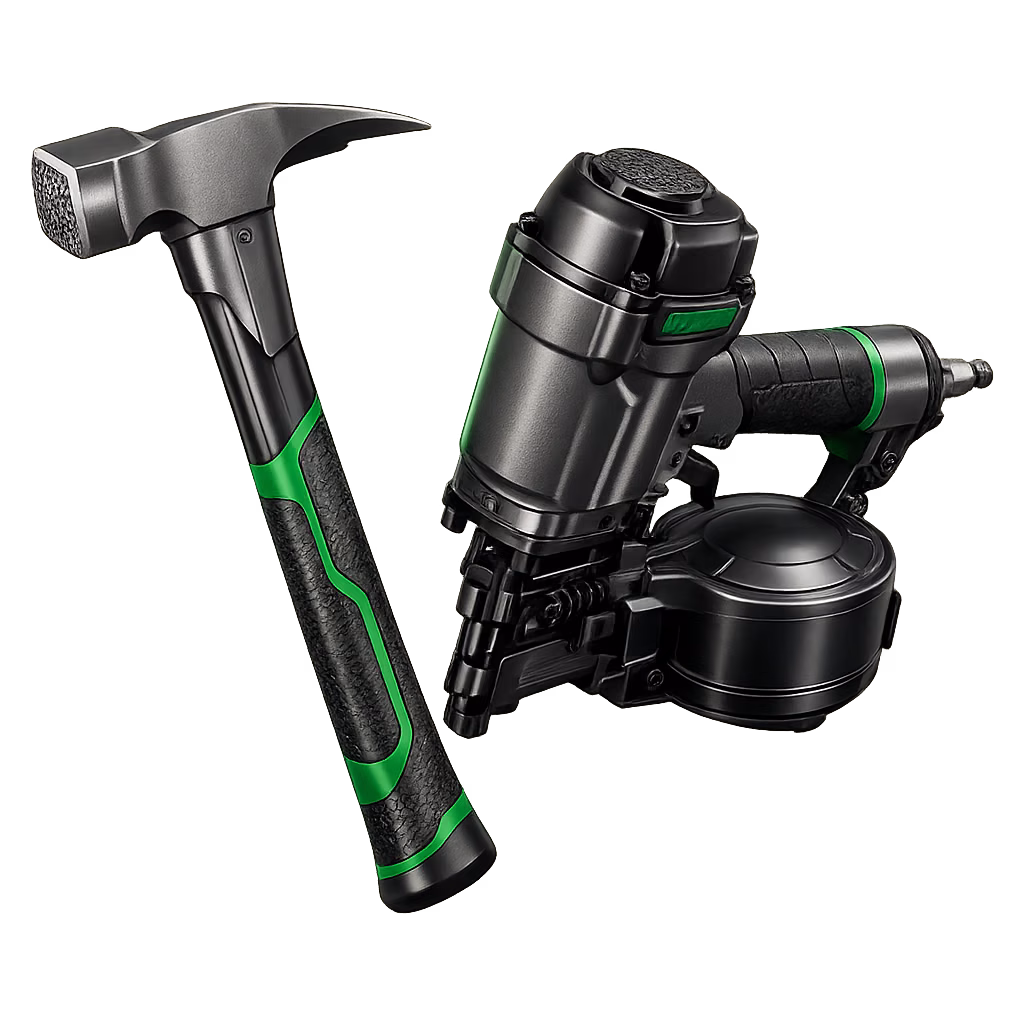 Professional roofing hammer and pneumatic nail gun arranged together, 3D render