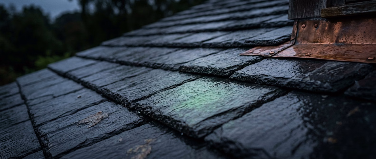 Close-up of natural slate roof courses with copper flashing