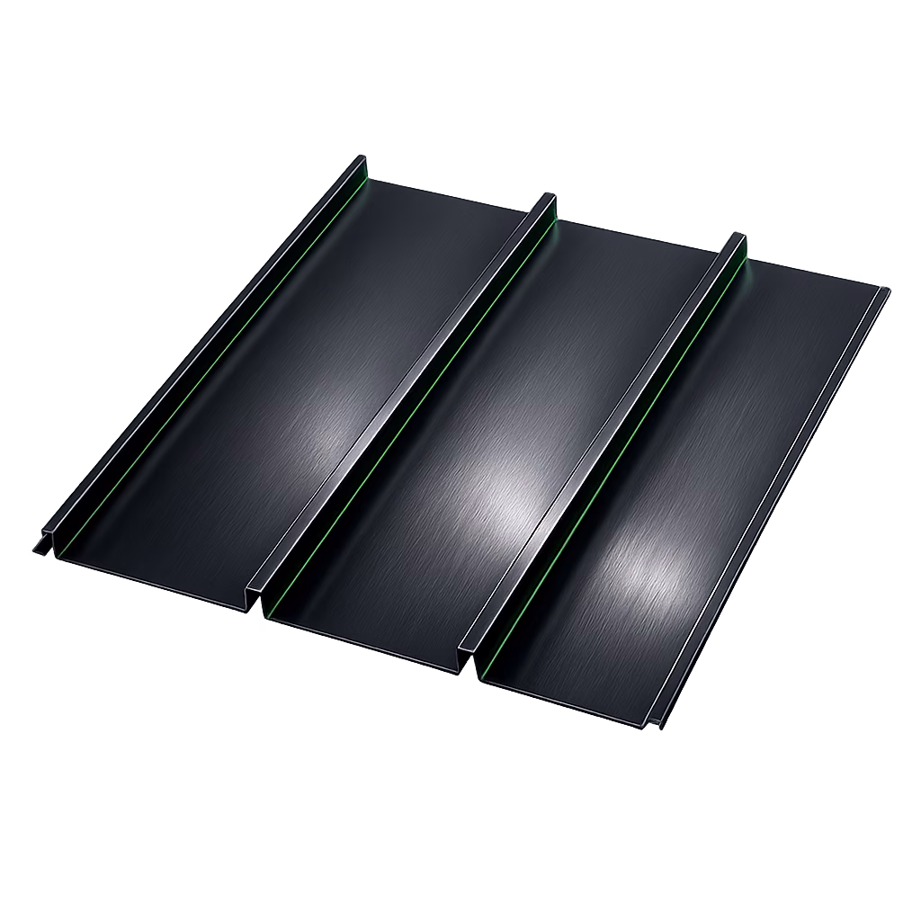 Section of dark standing-seam metal roofing panel with raised vertical seams, 3D render