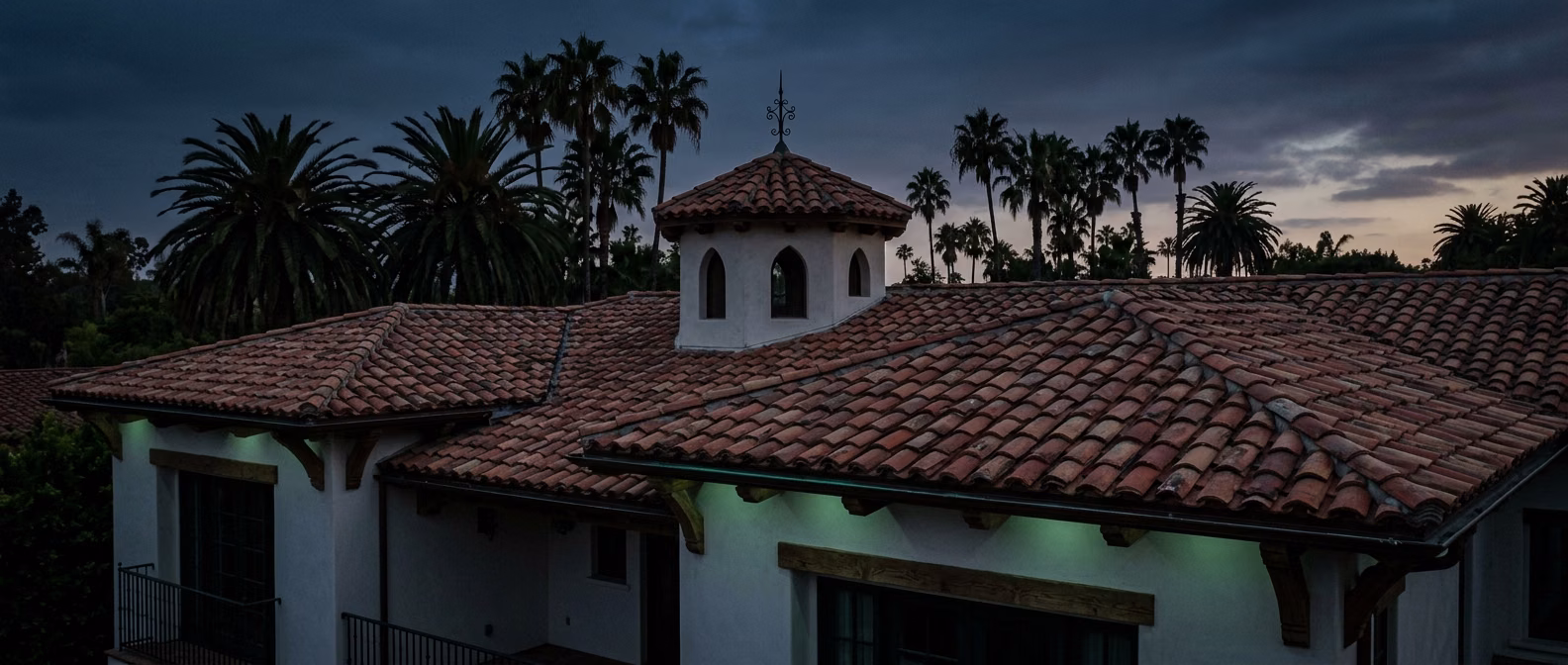 Clay tile roofing, Beverly Hills estate at dusk