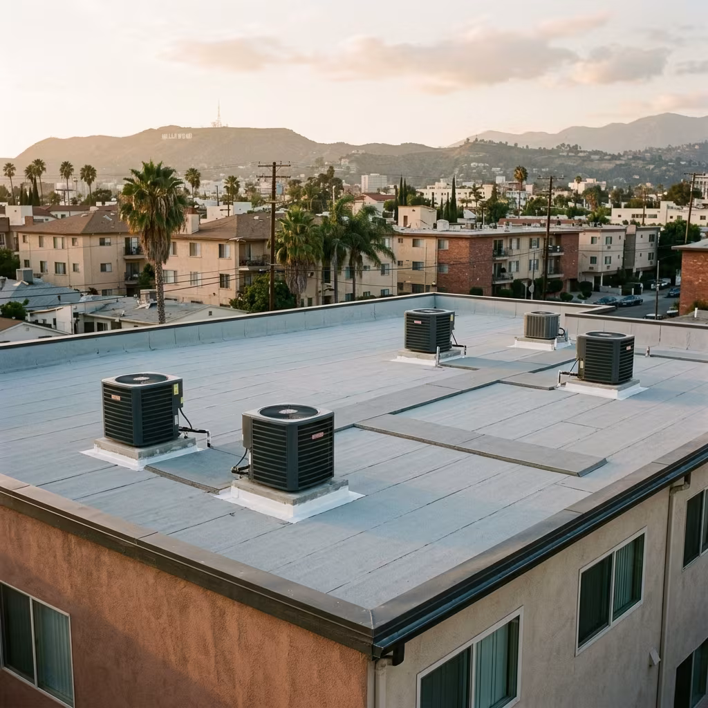 Flat roof repair on a Los Angeles apartment building with rooftop units