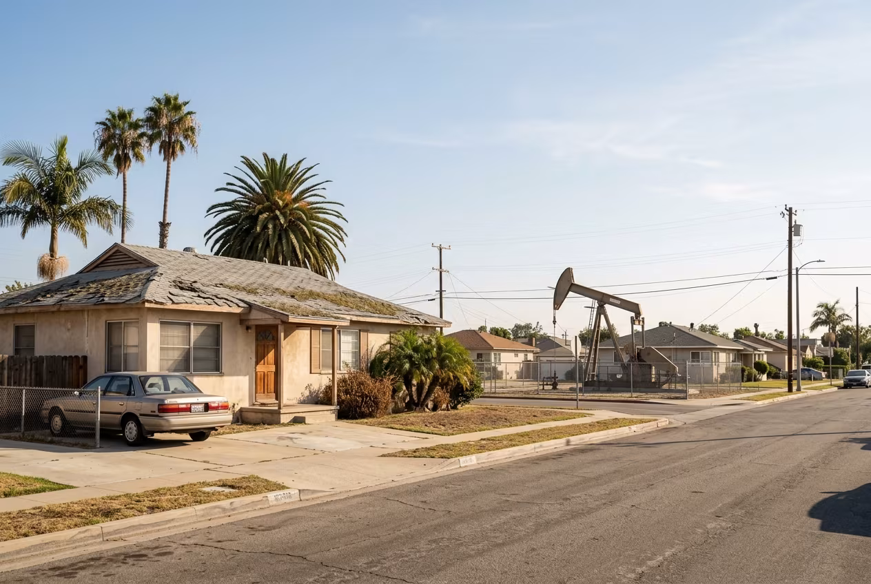 Roof repair Huntington Beach: asphalt shingles worn by years of sun on a tract house