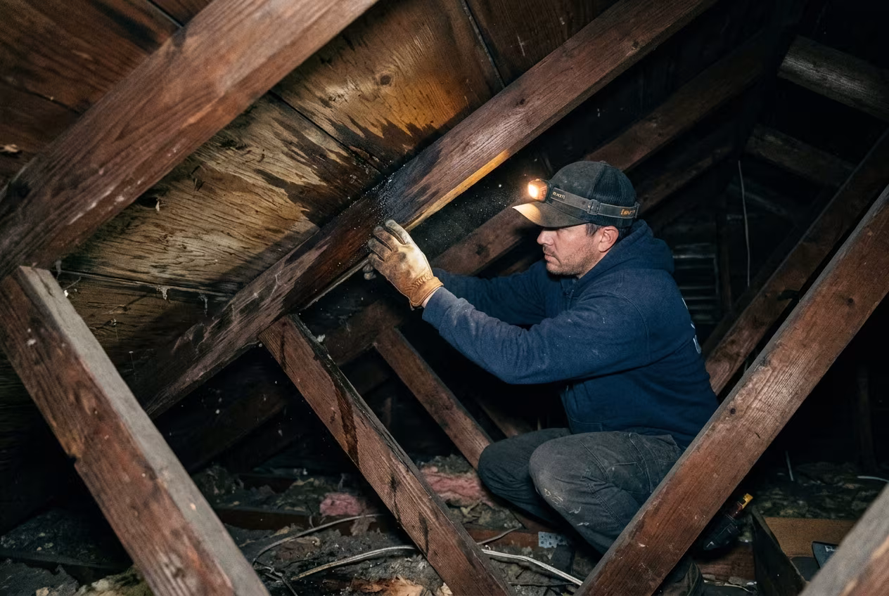 Roofer with a headlamp tracing a wet streak along attic rafters during a leak inspection in Los Angeles