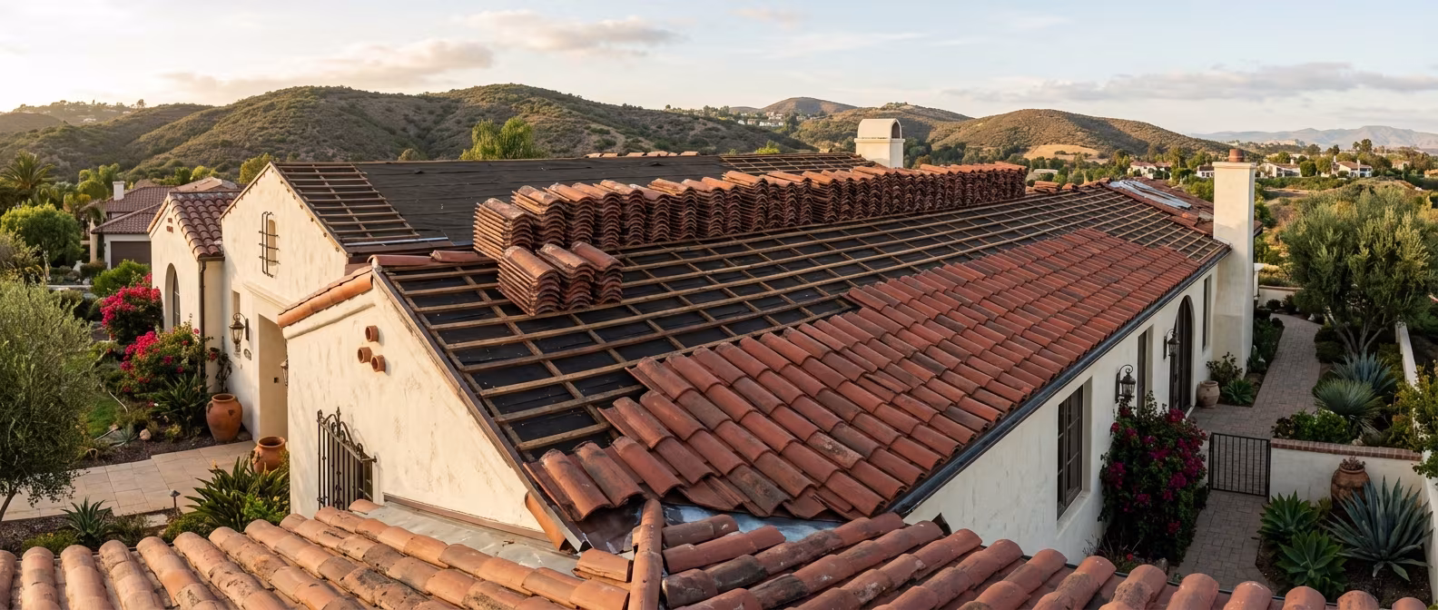 Roof replacement Mission Viejo: barrel tile relaid over new underlayment