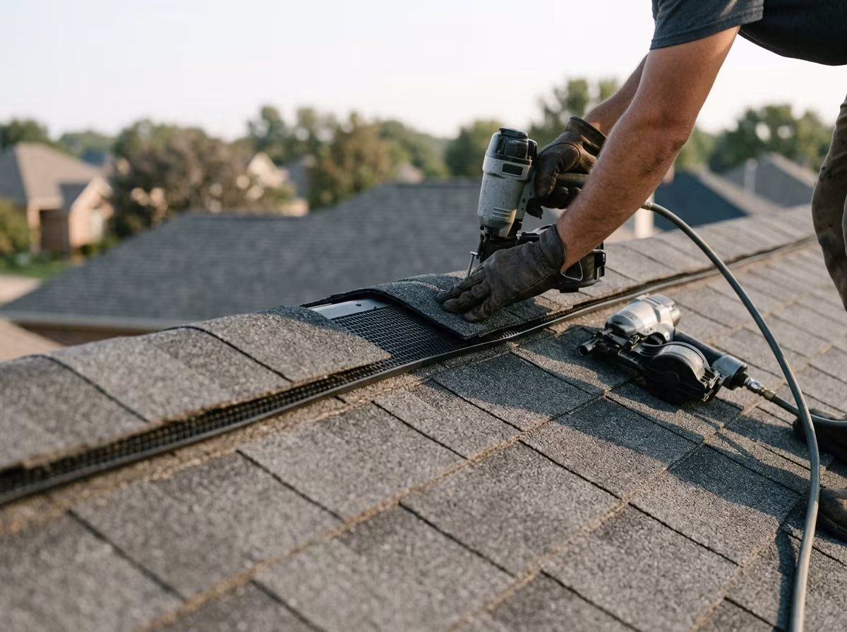 Ridge vent and cap shingles going on during a Burbank re-roof