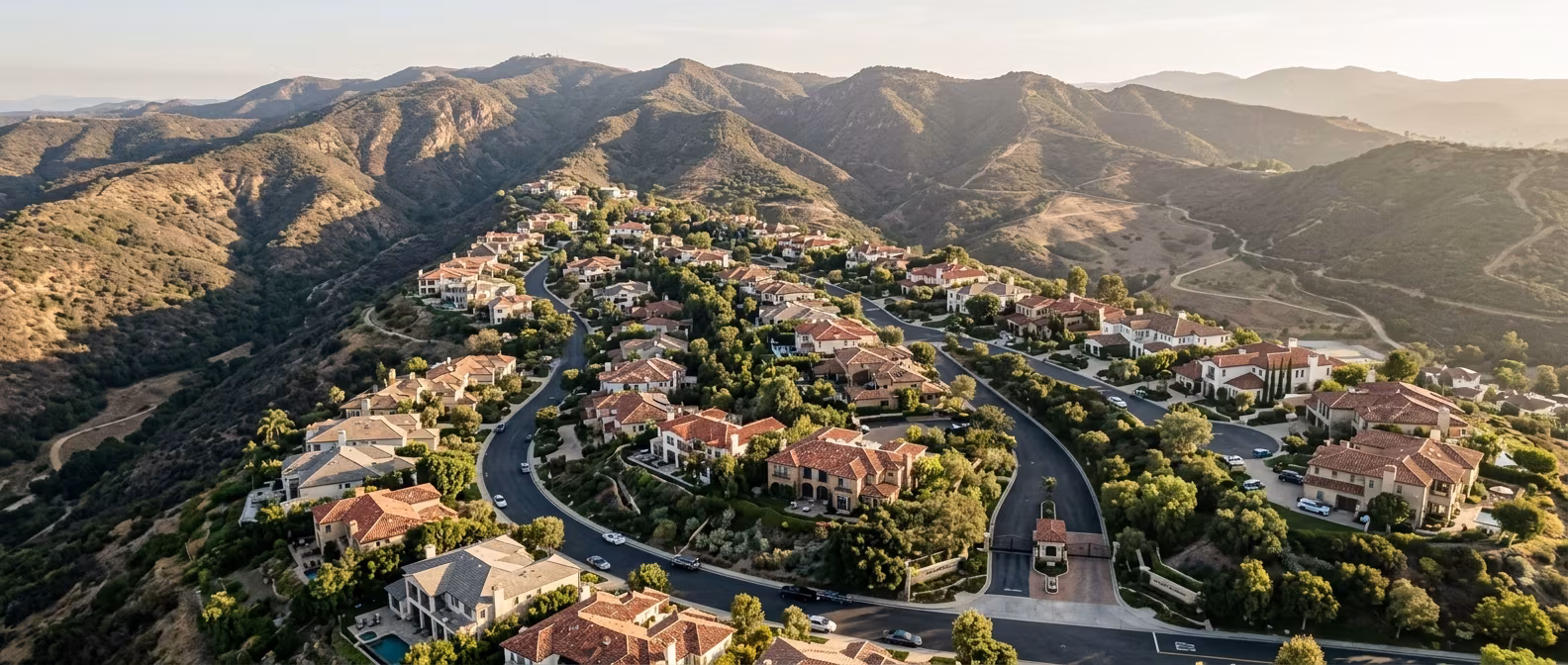 Clay tile roof in Calabasas, one of many across a gated hillside community