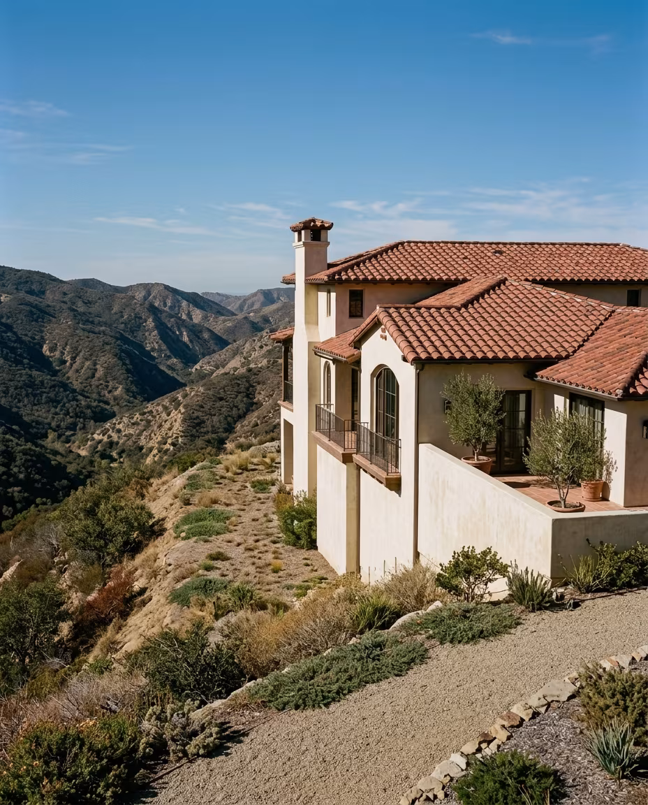 A clay tile roof on a ridge-top home above a brush canyon: roofing Calabasas in the fire zone