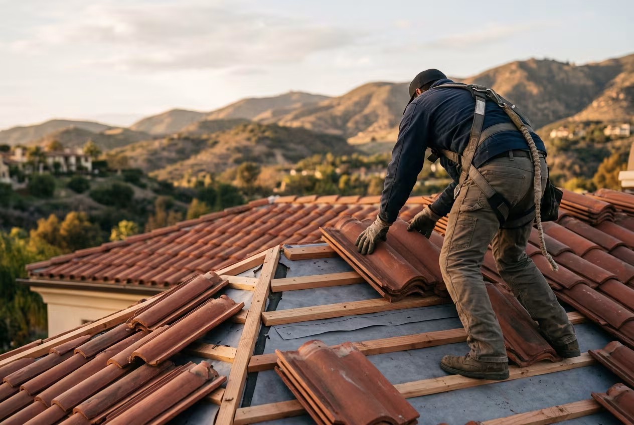 Calabasas roofing crew setting clay barrel tile on new wooden battens