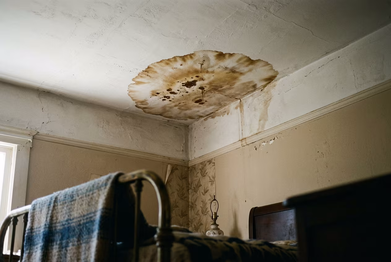 Brown water stain spreading across a bedroom ceiling from a roof leak in a Los Angeles home