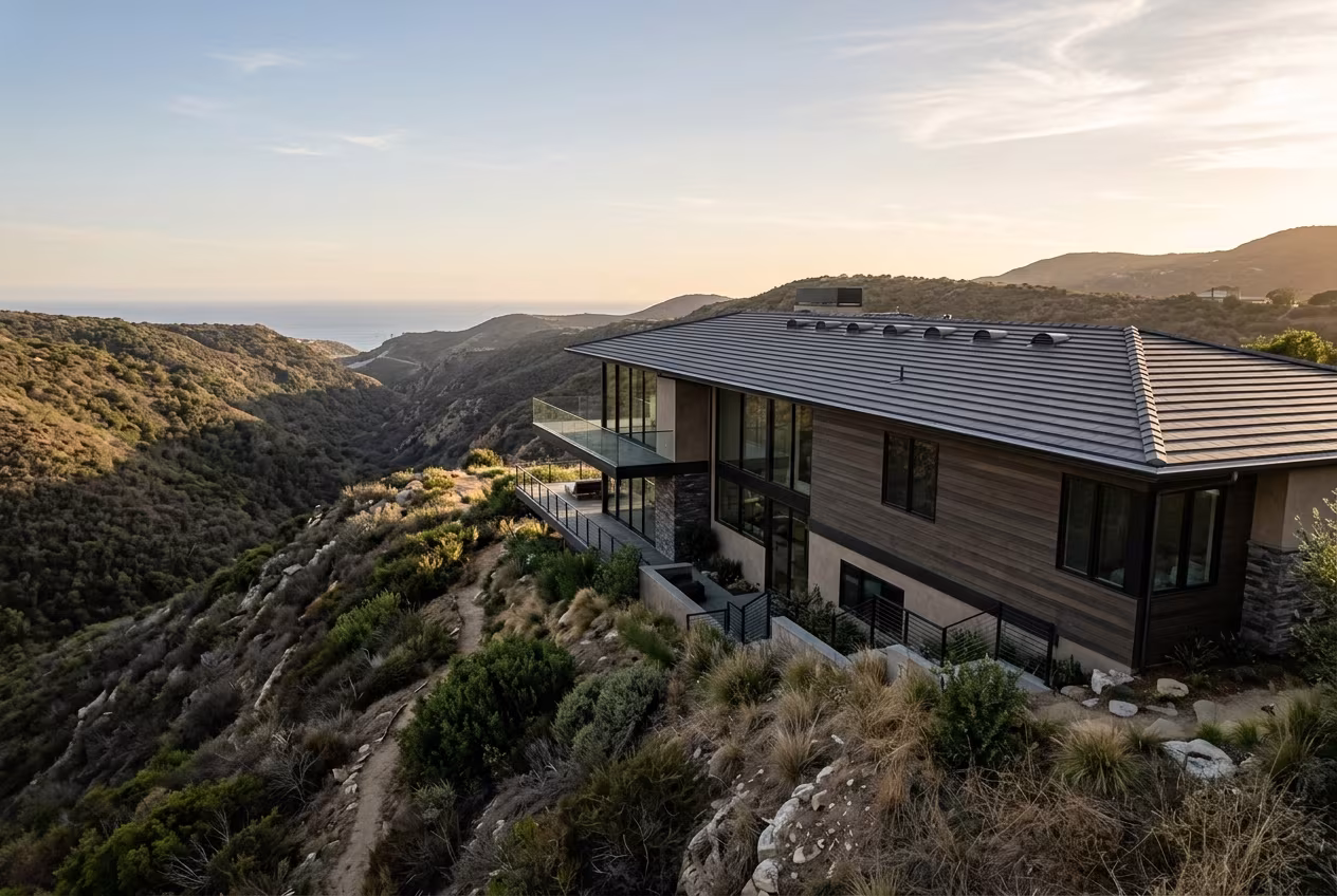 Class A roof in Newport Beach with ember-resistant vents on a hillside home