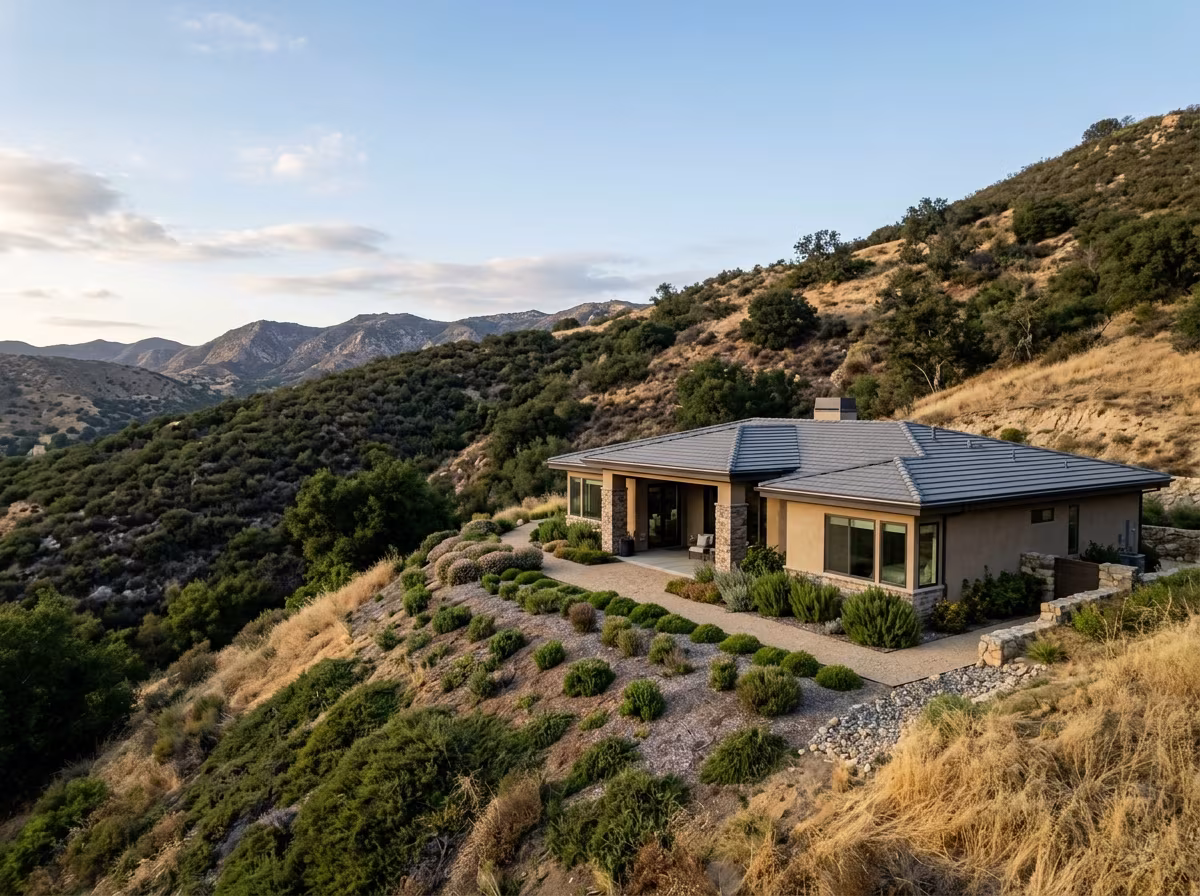 Class A fire-rated roof in Santa Clarita: tile on a hillside home beside chaparral