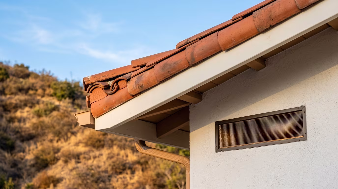 Roofing contractor Sherman Oaks work: tile eave with an ember-resistant vent