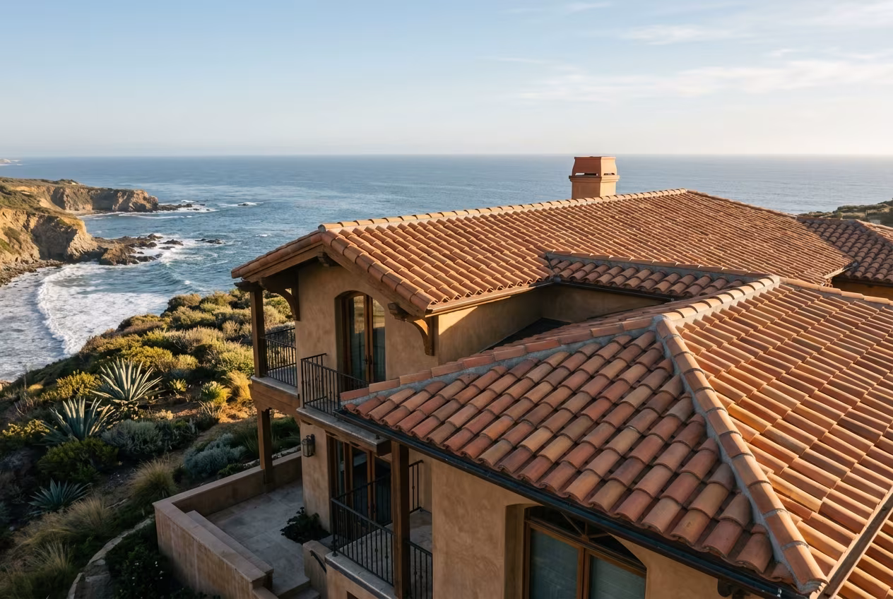 Tile roof repair: clay tile on a bluff-top Mediterranean home in Newport Beach