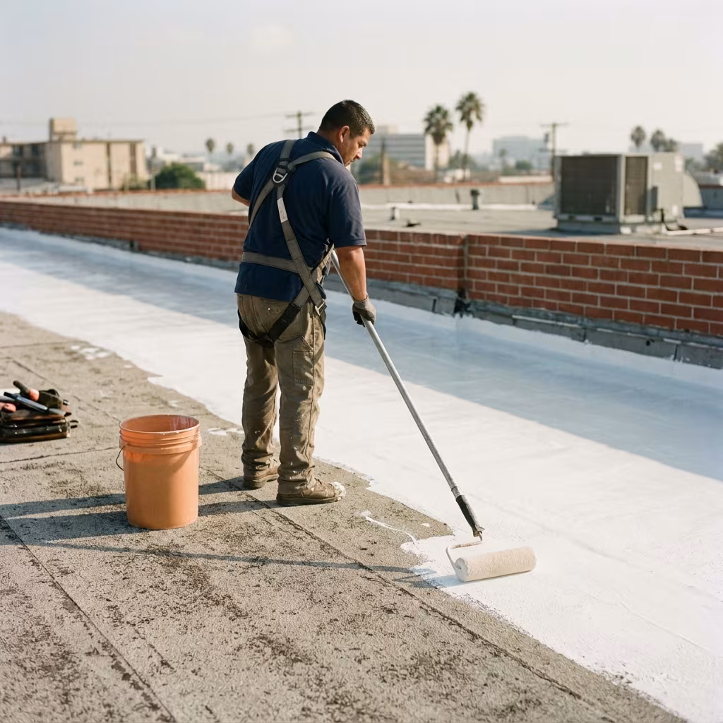 Silicone cool roof coating rolled across a dry commercial roof deck