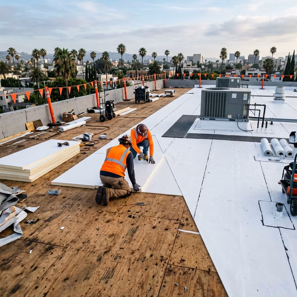 Commercial roof replacement Los Angeles crews run one sealed zone at a time