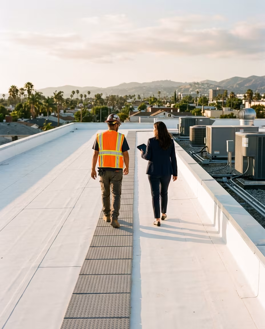 Commercial roofing contractor walking a finished roof at the final sign off