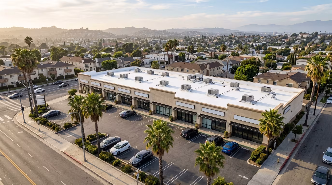 Commercial roofing Los Angeles: white membrane roofs over a row of storefronts