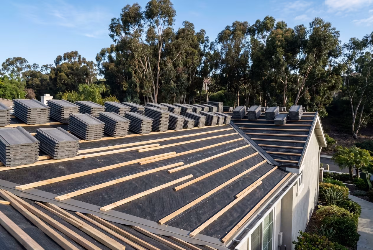 Roof replacement in Irvine with new tile staged on the ridge