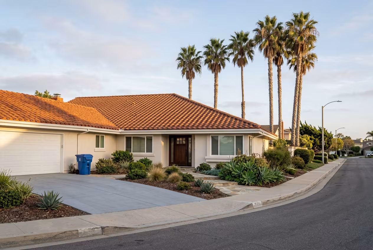 Roofing Huntington Beach: a tract home under a concrete S-tile roof