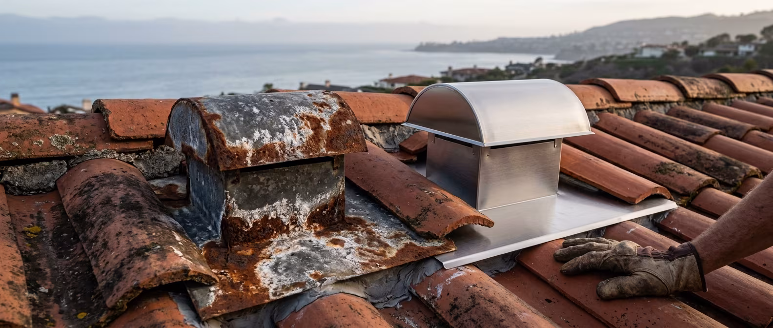 Roof repair Newport Beach: a salt-rusted vent beside its new stainless replacement